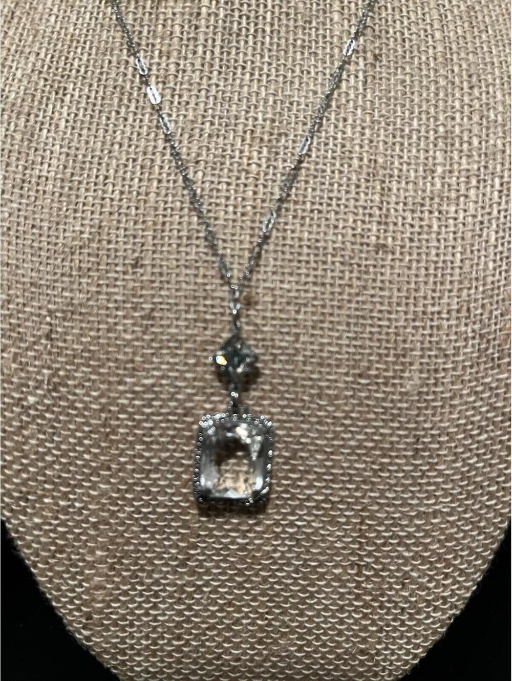 Camphor Glass Rhodium Necklace Silver Tone Paper Clip Vintage